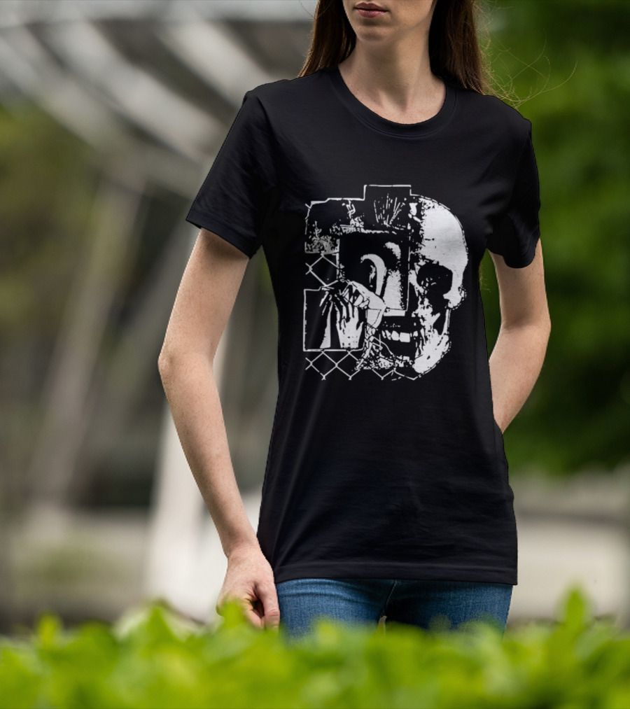Harms Way Chain Link Skull 2026 Distorted Surreal White Design With Fence T-Shirt