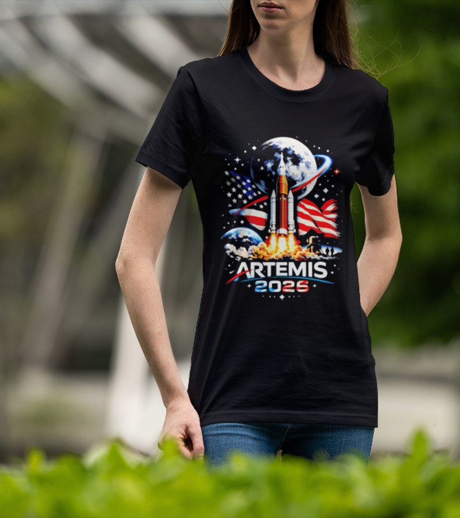 Artemis 2025 Rocket Launch USA Flag Moon Exploration T-Shirt