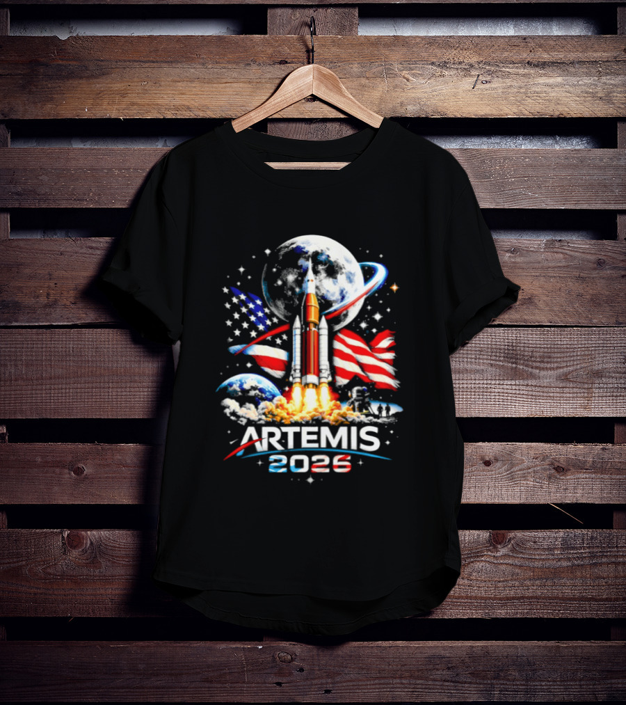 Artemis 2026 Moon Mission American Rocket Launch With Flag And Stars T-Shirt