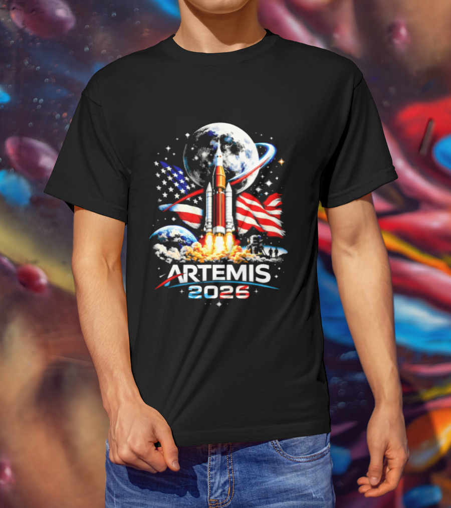 Artemis 2026 Moon Mission American Rocket Launch With Flag And Stars T-Shirt