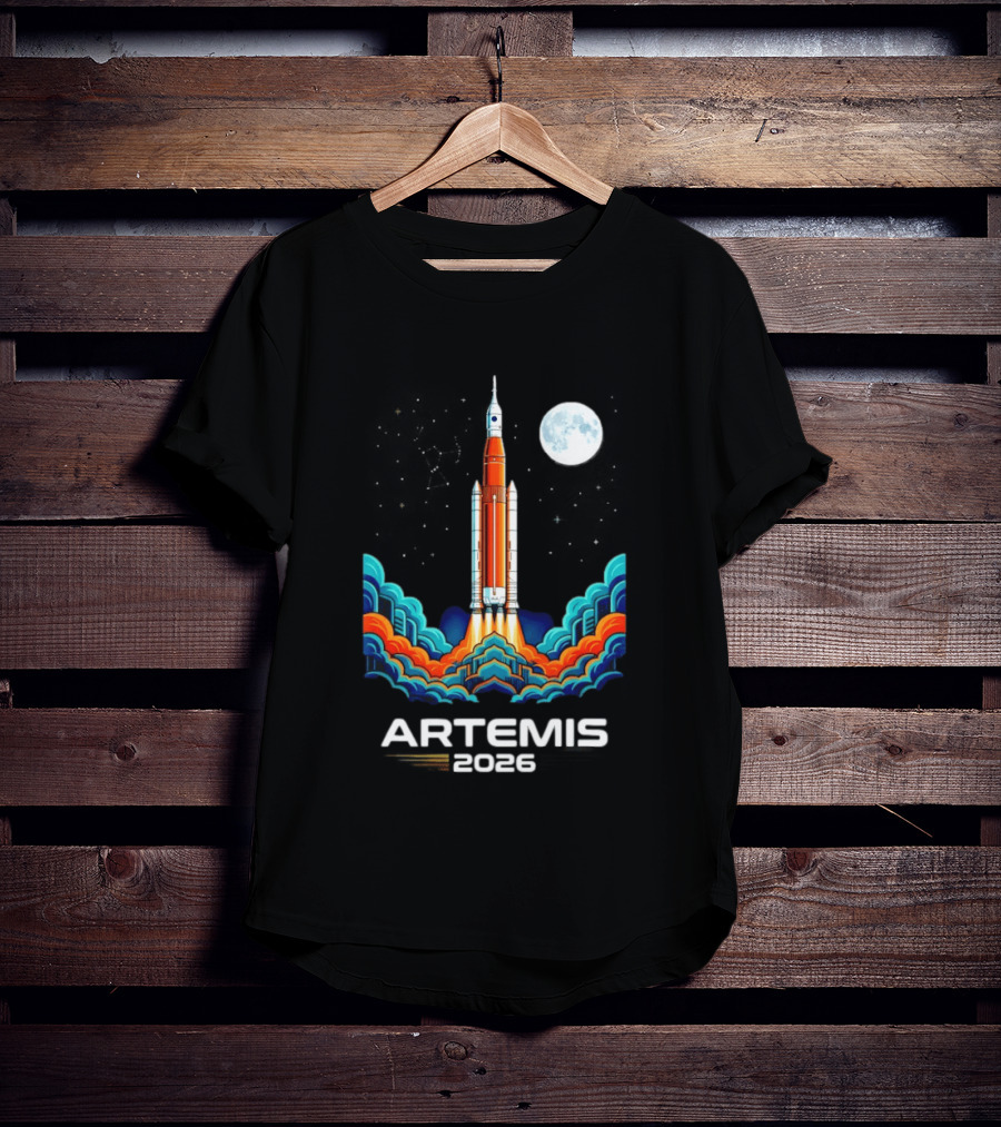 Artemis 2026 Moon Mission Rocket Launch With Vibrant Waves And Full Moon T-Shirt
