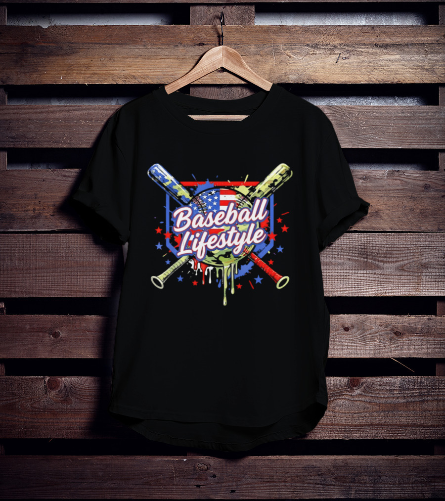 Baseball Lifestyle Camo American Flag Bats Stars Paint Splatter T-Shirt
