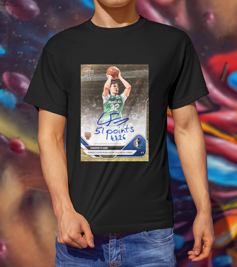 Topps Now Cooper Flagg 51 Points Youngest NBA History Dallas Mavericks Rookie Card T-Shirt