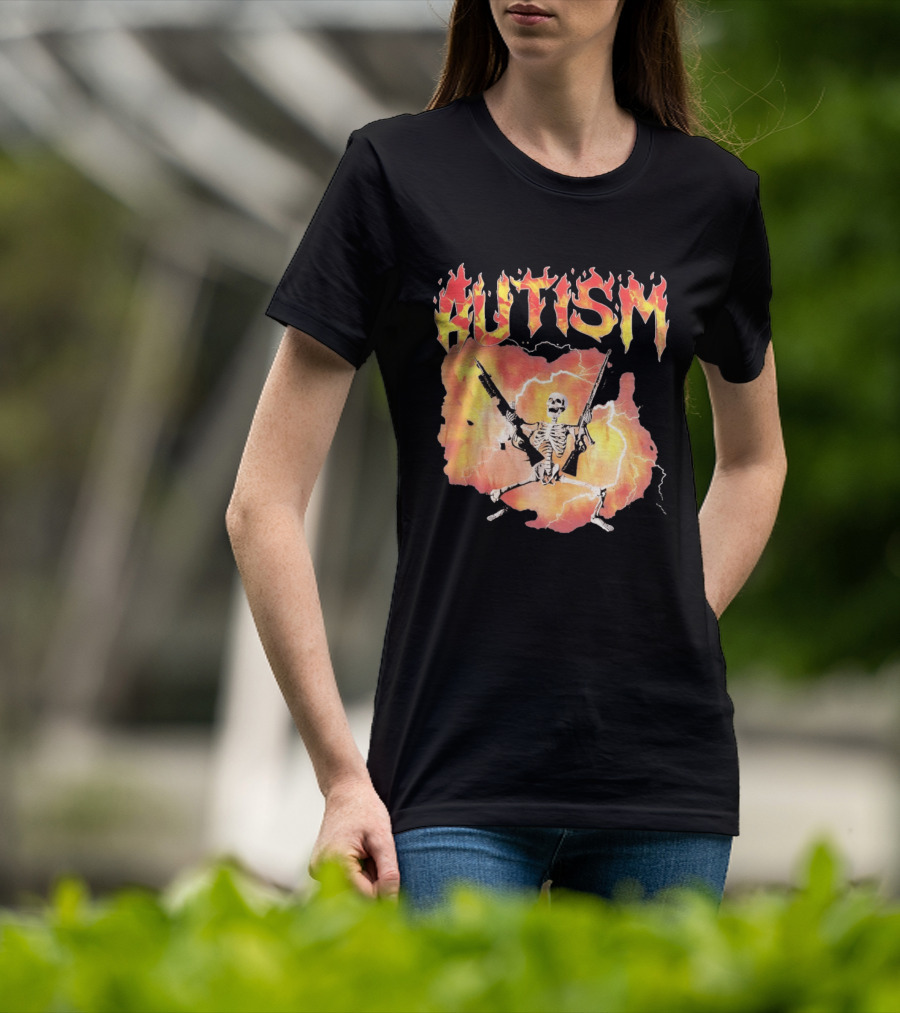 Autism Flaming Skeleton Meme Guns Edgy Fire T-Shirt