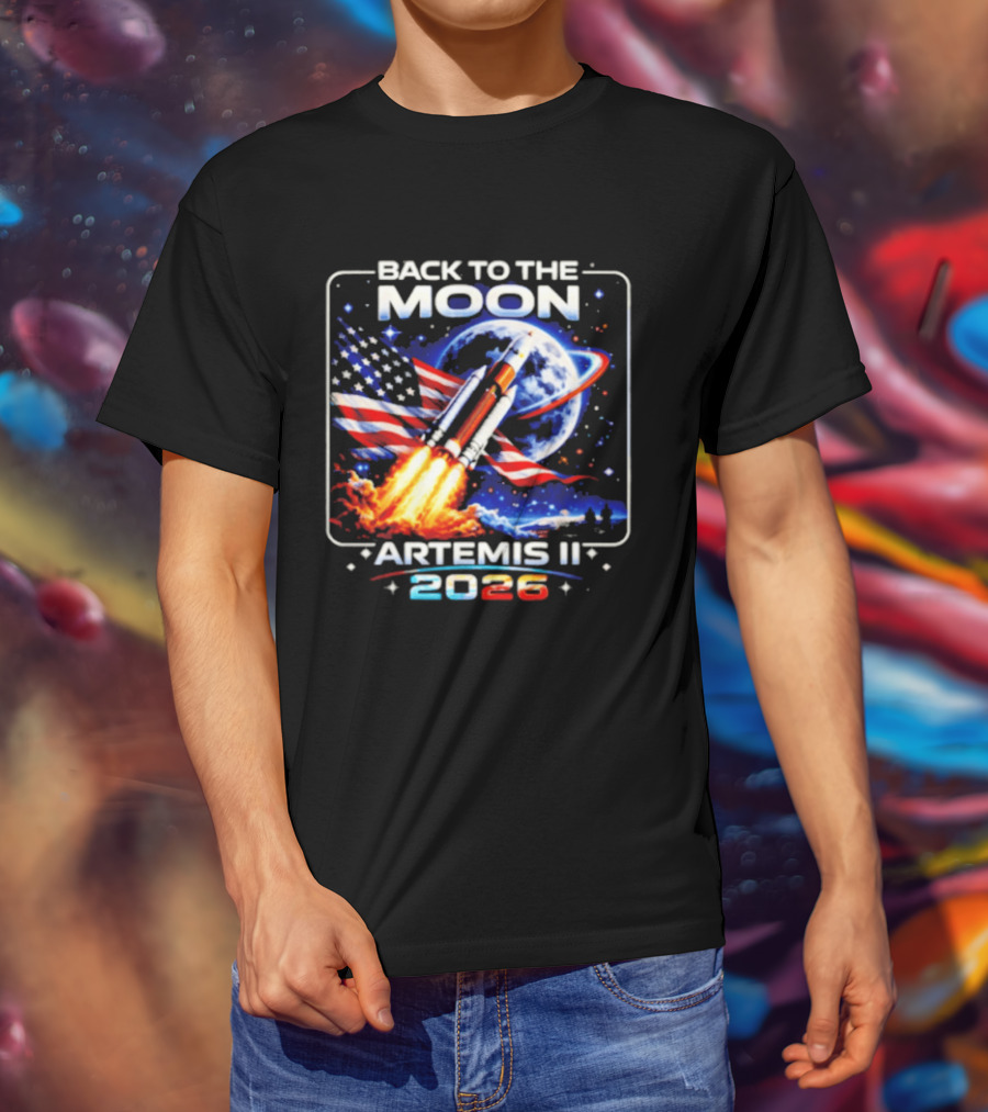 Back To The Moon Artemis II 2026 Rocket Launch Space Mission USA Flag T-Shirt