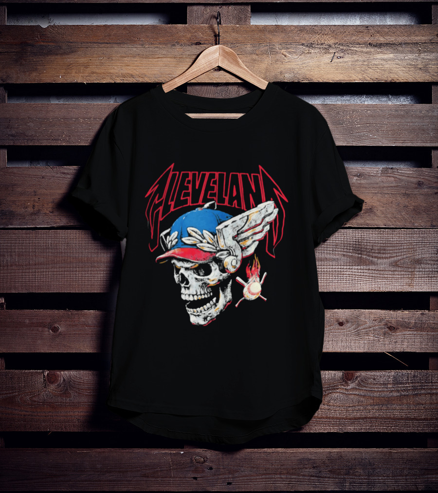 Cleveland Skull Flames Winged Helmet Baseball Bat And Ball T-Shirt