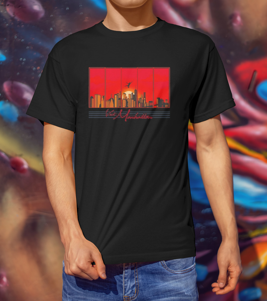 Visit Manhattan Skyline Sunlit Silhouette Red Sunset T-Shirt