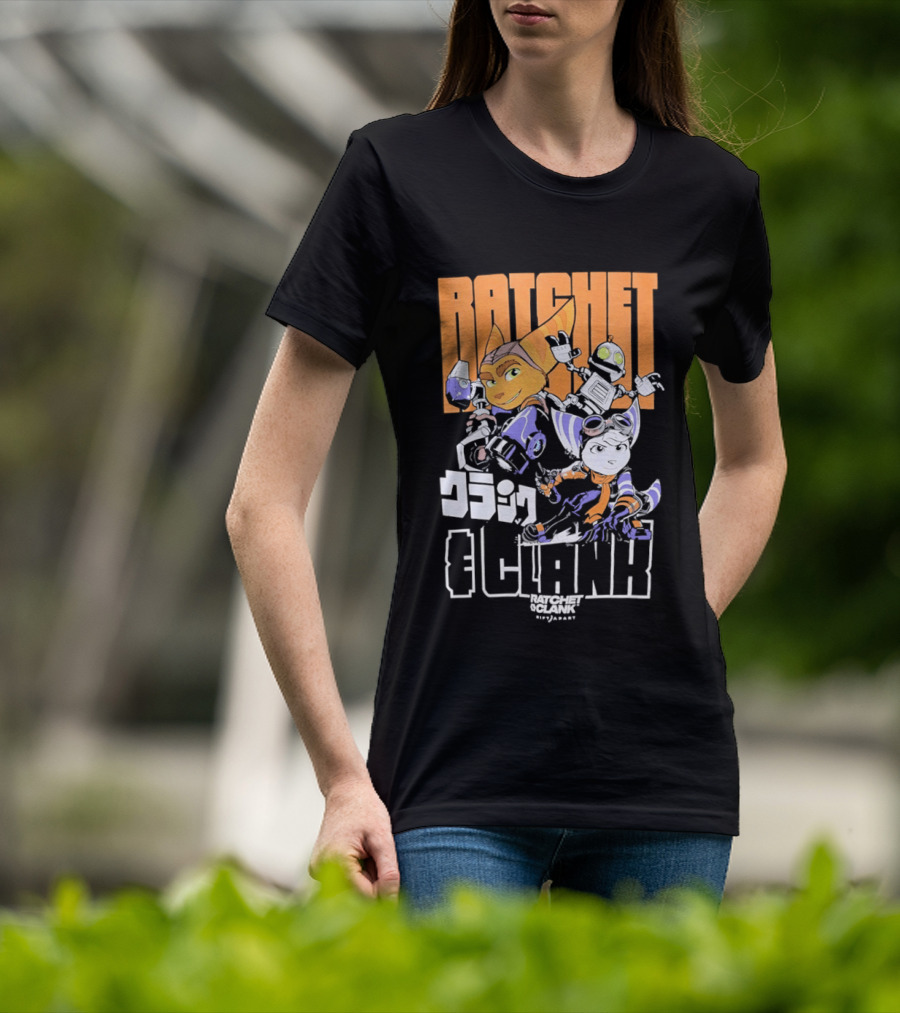 Ratchet And Clank Characters Orange And White Illustration With Japanese T-Shirt