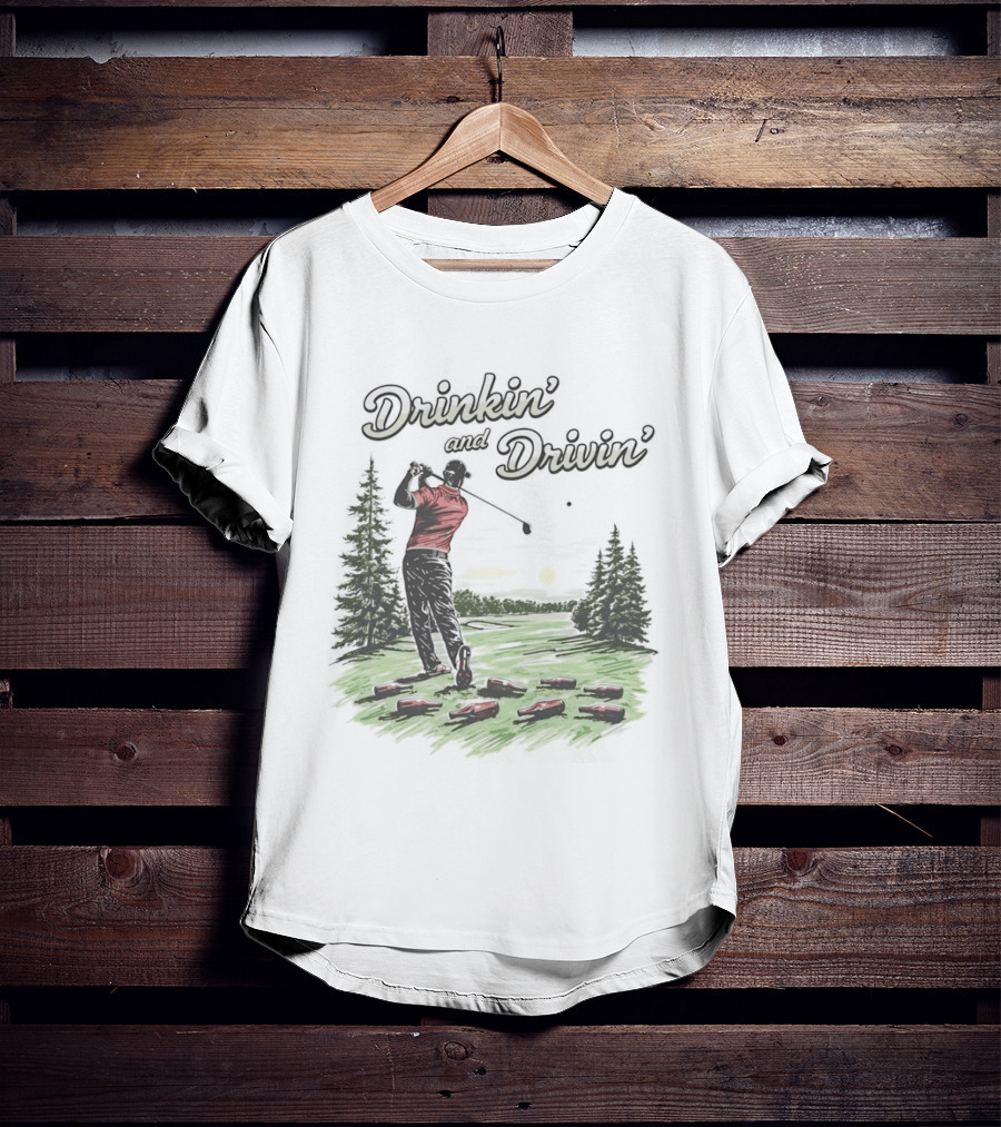 Drinkin' And Drivin' Man Playing Golf With Sunset And Trees T-Shirt