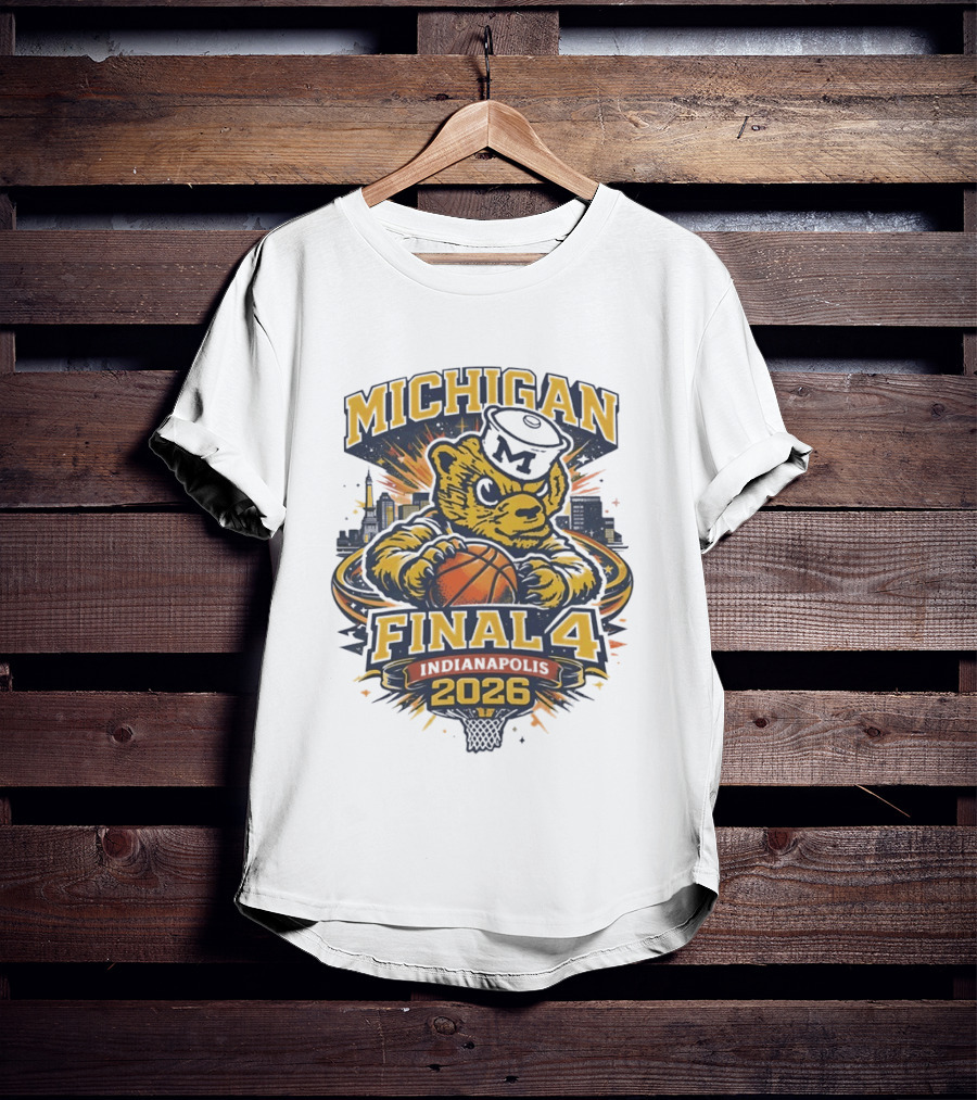 Michigan Wolverines Final Four 2026 Indianapolis Skyline Basketball Bear T-Shirt