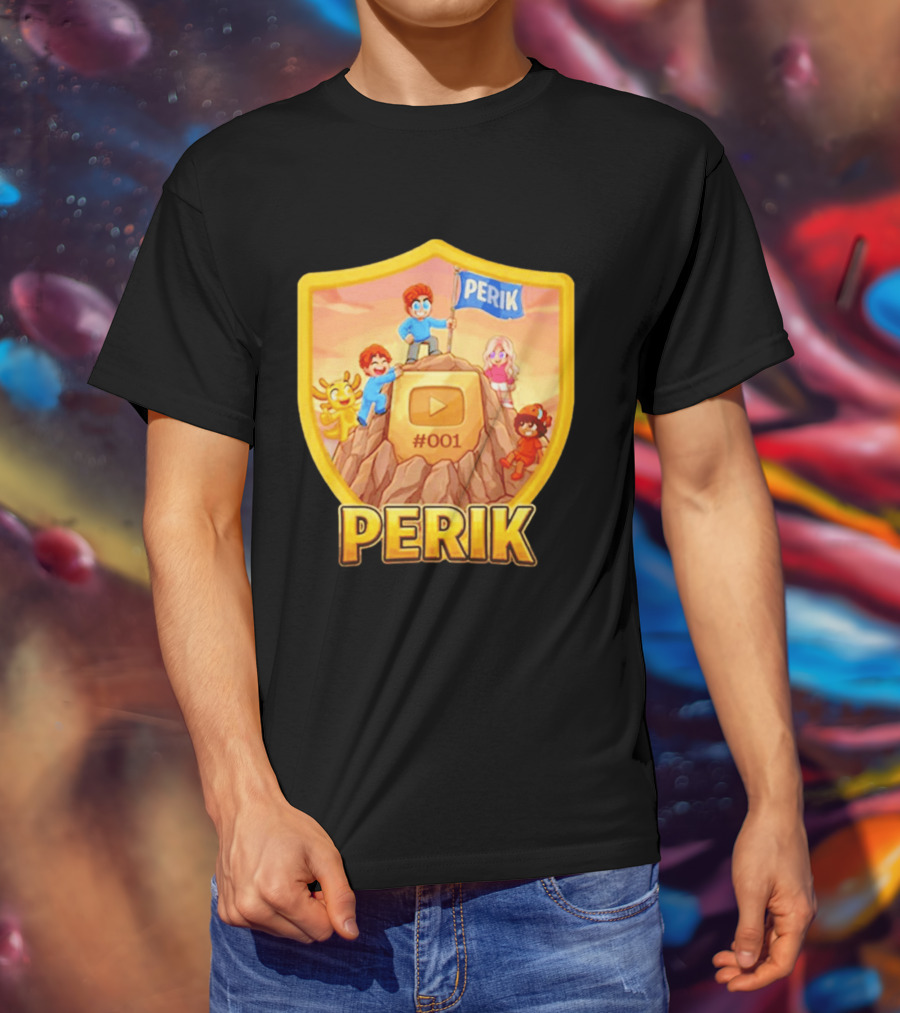 Perik #001 Cartoon Characters On Mountain With YouTube Play Button Image T-Shirt