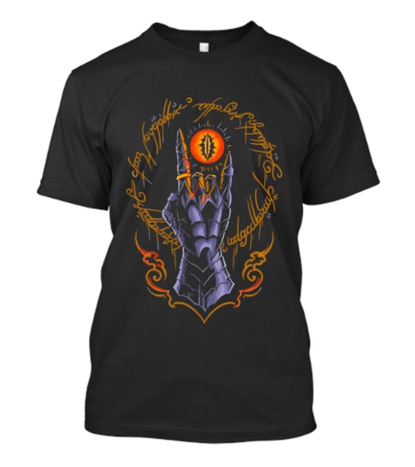 The Cursed One Heavy Metal Sauron Hand And Eye Icon With Elvish Script T-Shirt