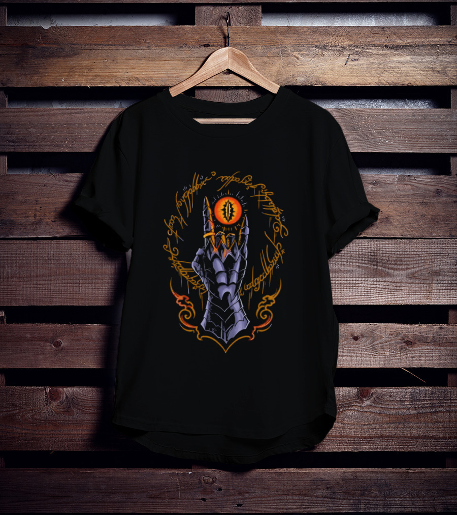 The Cursed One Heavy Metal Sauron Hand And Eye Icon With Elvish Script T-Shirt