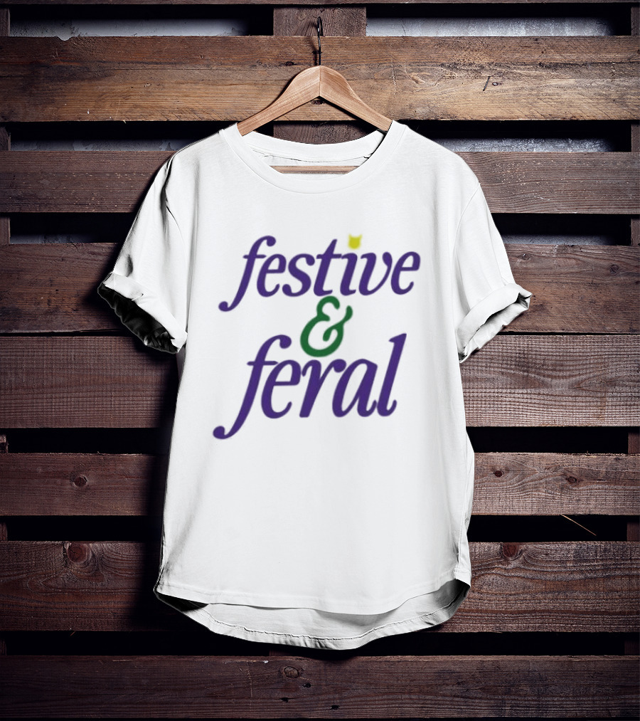 Festive And Feral Cat Head Antlers Text Holiday T-Shirt