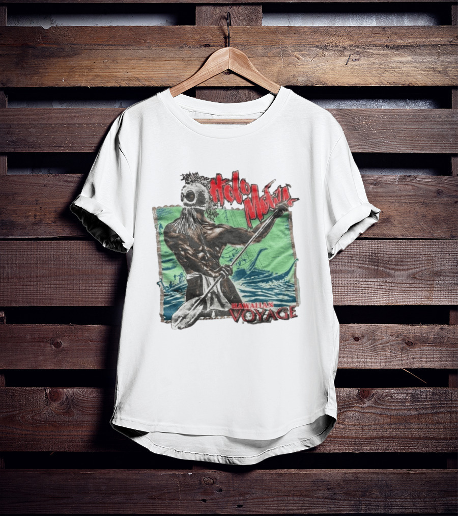 Holo Moana Hawaiian Voyage Paddler With Tribal Mask And Canoe Scene T-Shirt
