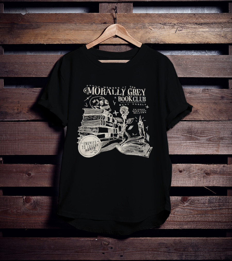 Morally Grey Book Club Skull Candle Rose Stacked Books Open Pages Stars T-Shirt