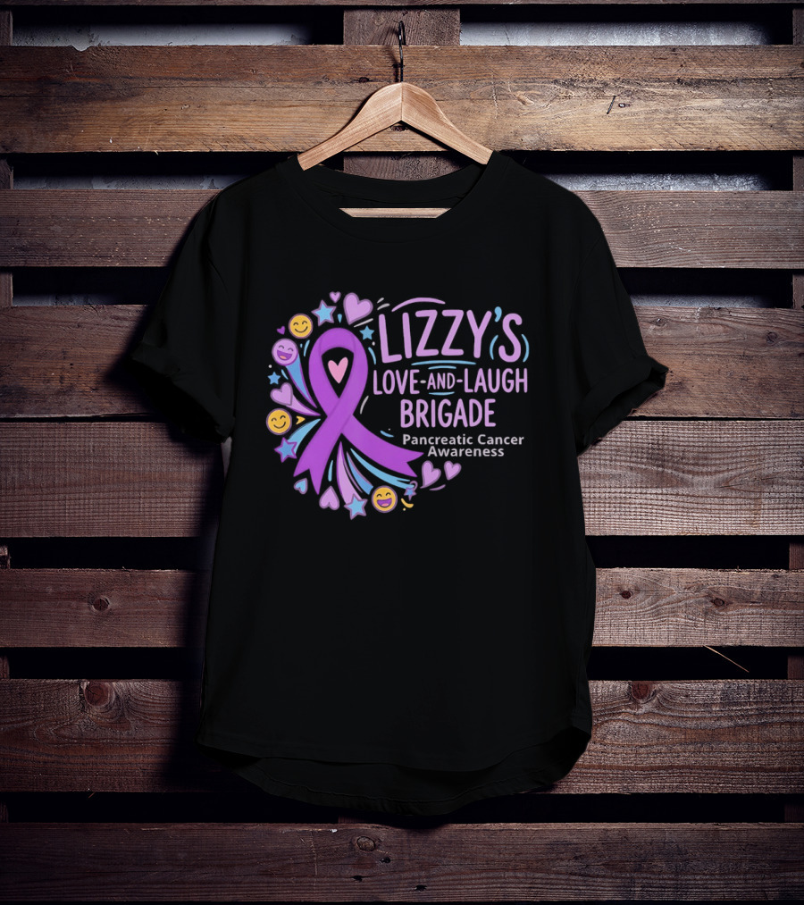 Lizzy's Love And Laugh Brigade Pancreatic Cancer Awareness Purple Ribbon Hearts And Smiles T-Shirt