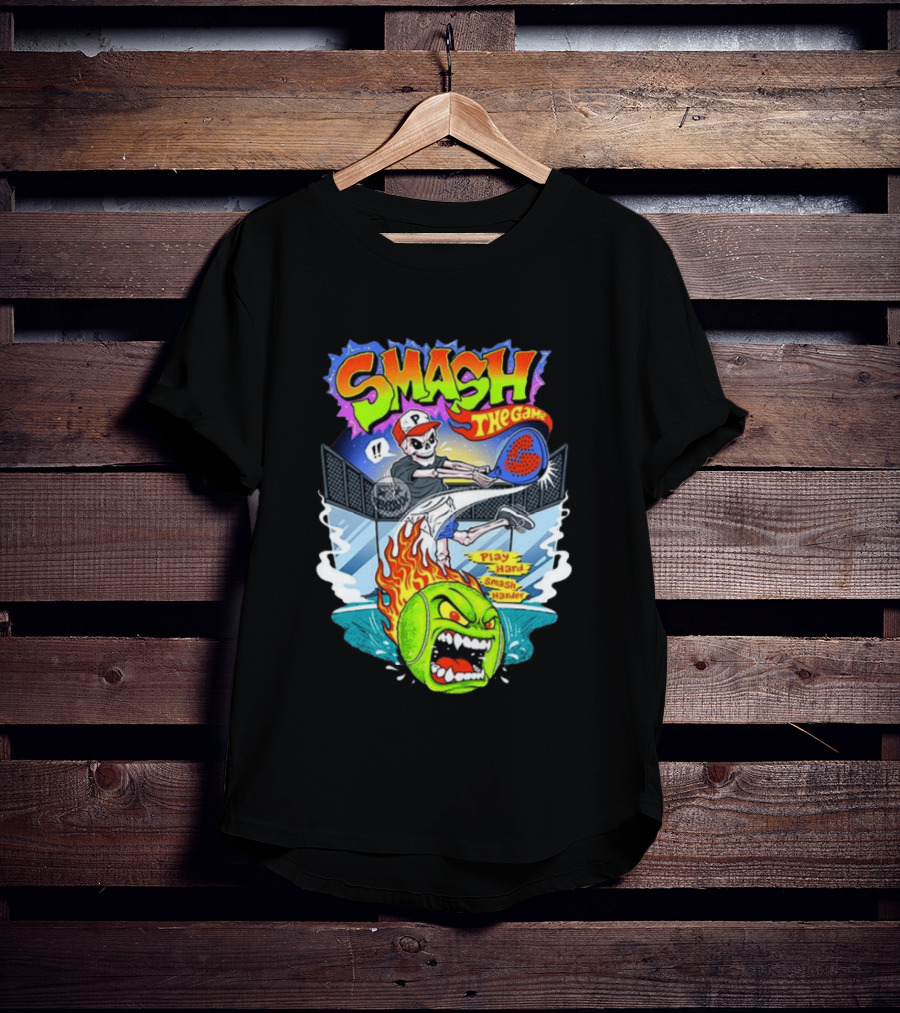 Smash The Game Play Hard Smash Harder Skeleton Playing Pickleball With Fiery Ball And Court T-Shirt