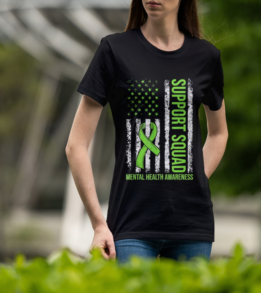 Support Squad US Flag Green Ribbon Mental Health Awareness T-Shirt