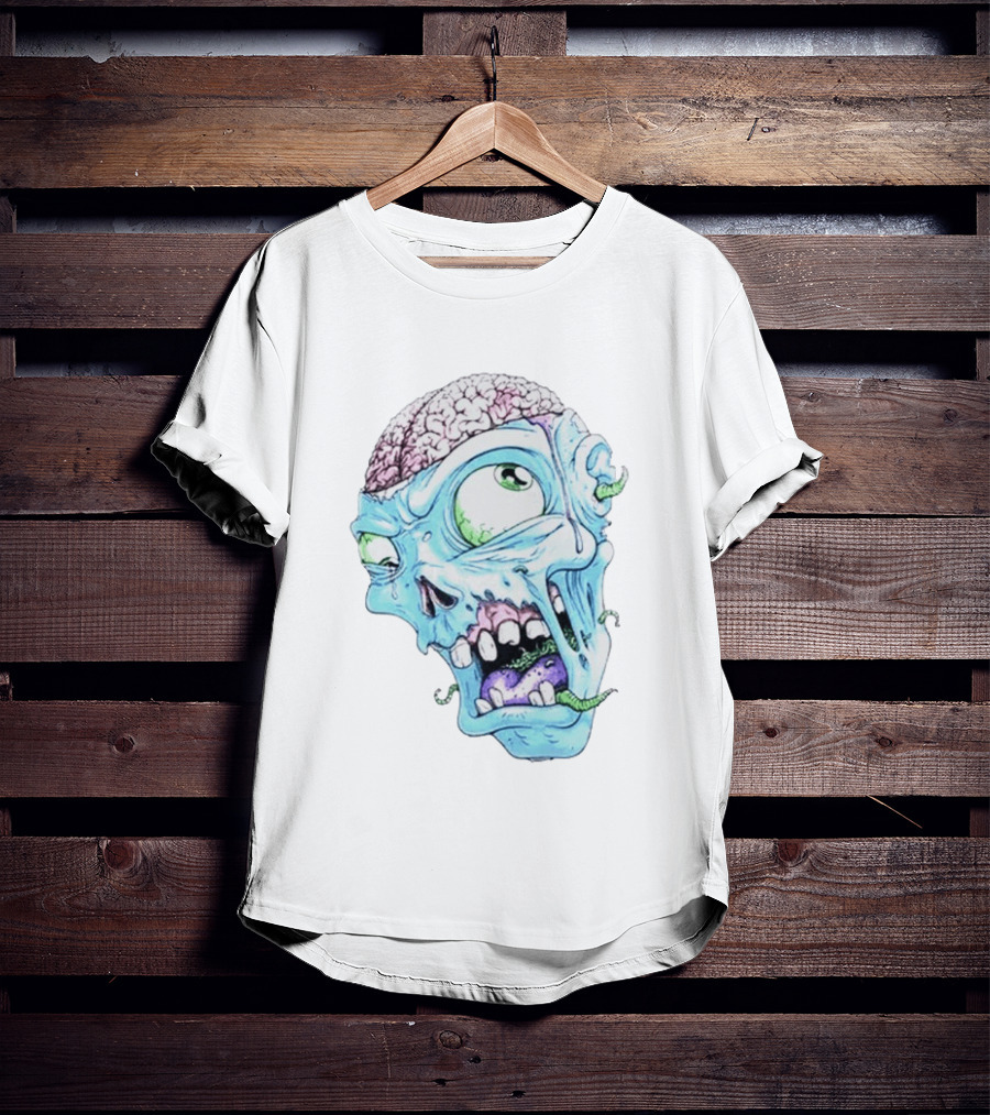 Annoyed Monster Head Zombie Skull Illustration With Exposed Brain And Worms T-Shirt