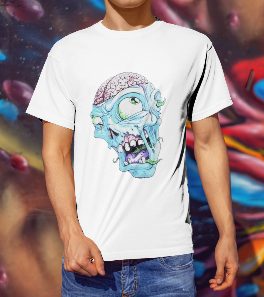 Annoyed Monster Head Zombie Skull Illustration With Exposed Brain And Worms T-Shirt