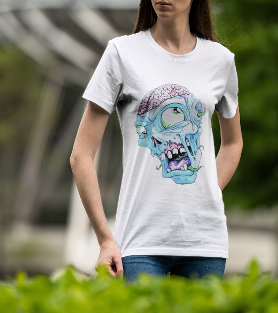 Annoyed Monster Head Zombie Skull Illustration With Exposed Brain And Worms T-Shirt