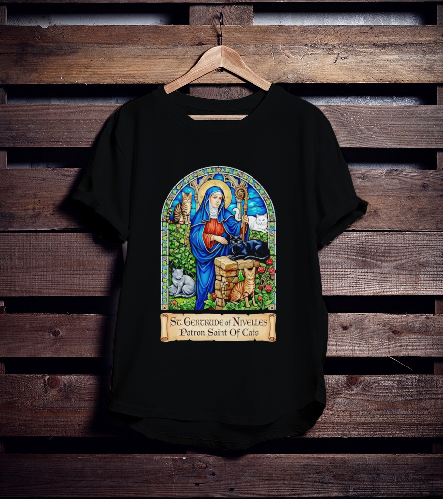 St. Gertrude Of Nivelles Patron Saint Of Cats Iconic Stained Glass Cat T-Shirt
