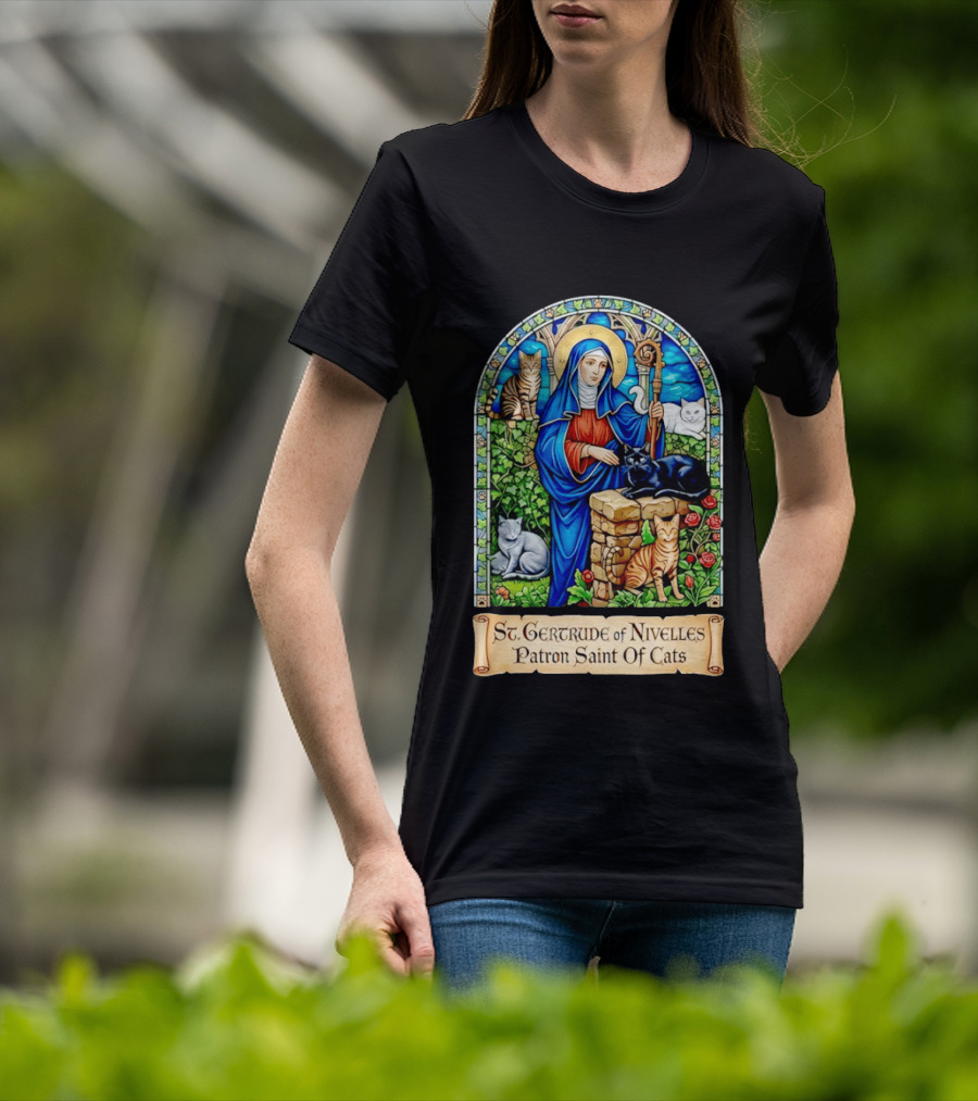 St. Gertrude Of Nivelles Patron Saint Of Cats Iconic Stained Glass Cat T-Shirt