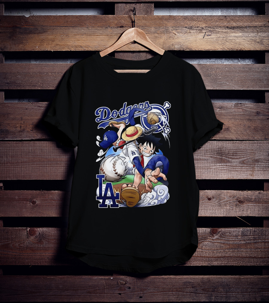 Luffy Los Angeles Dodgers One Piece Anime Crossover MLB Collaboration T-Shirt