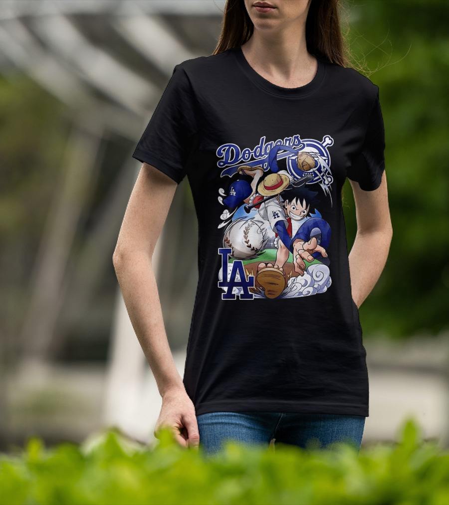 Luffy Los Angeles Dodgers One Piece Anime Crossover MLB Collaboration T-Shirt