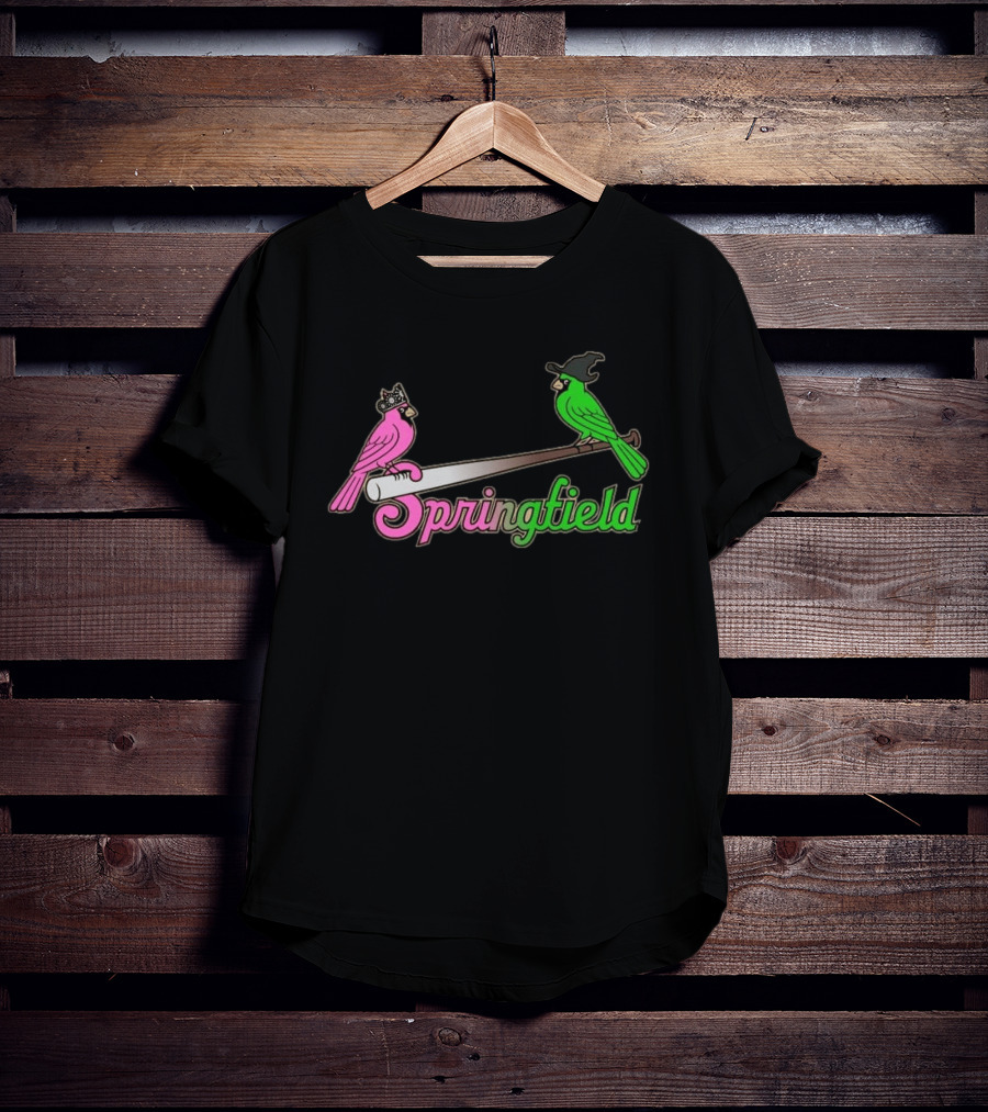 Springfield Cardinals Pink And Green Birds With Crown And Witch Hat Baseball Bat T-Shirt