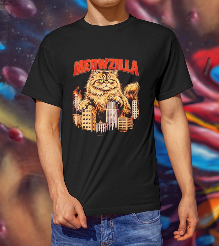 Meowzilla Giant Cat Rampage Over Burning City Skyline T-Shirt