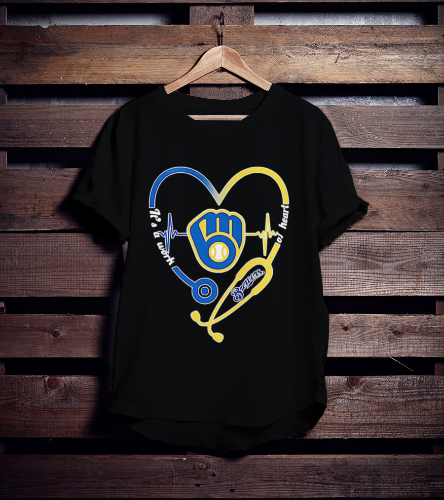Milwaukee Brewers Baseball Heartbeat Stethoscope It's A Work Of Heart T-Shirt