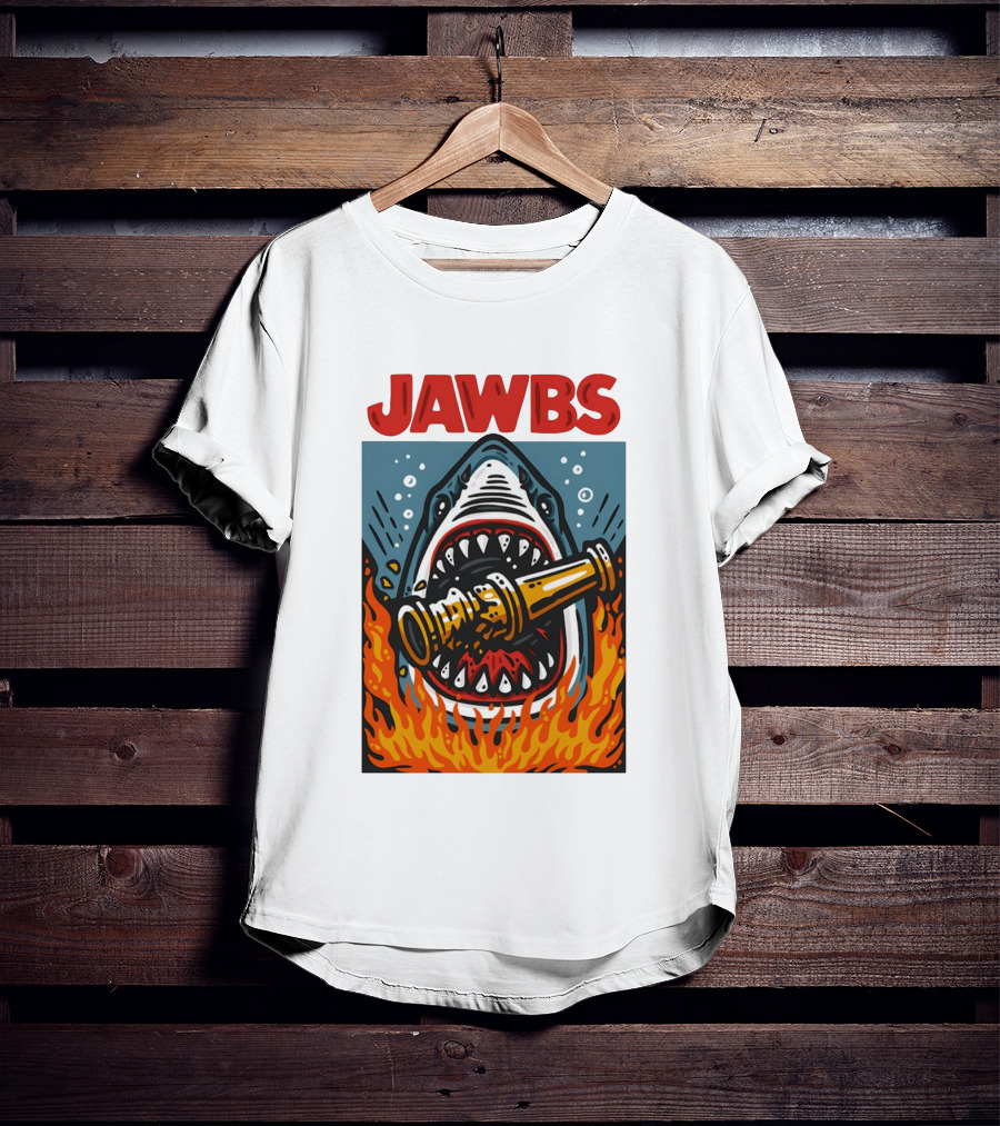 JAWS Jawbs Shark Biting Fire Hose Surrounded By Flames T-Shirt