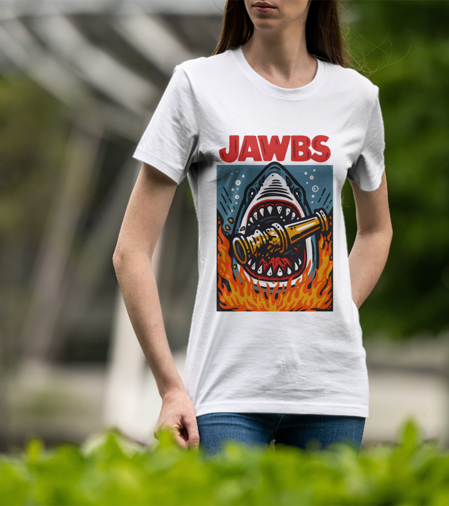 JAWS Jawbs Shark Biting Fire Hose Surrounded By Flames T-Shirt