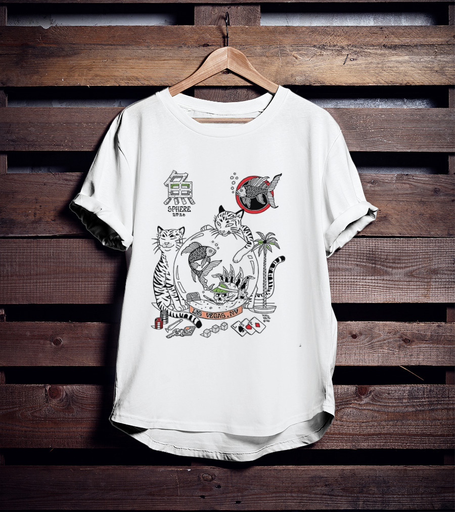 Sphere 2026 Vegas Cats And Aquatic Scene With Fish, Palm Trees, And Dice T-Shirt