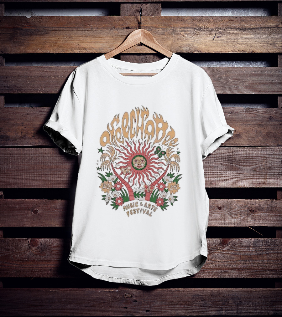 Okeechobee Music And Arts Festival 2026 Sun Illustration With Palm Trees And Floral Accents T-Shirt