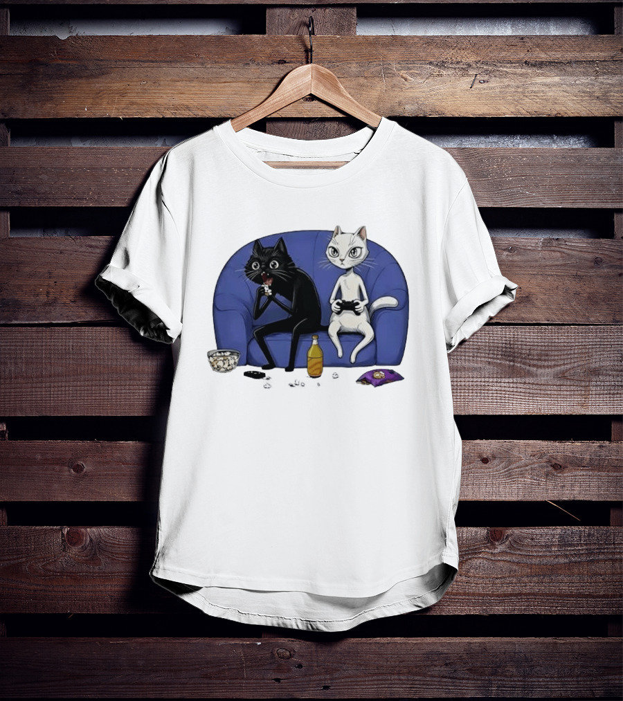 Two Cats One Couch Endless Fun Playing Games With Snacks And Popcorn T-Shirt