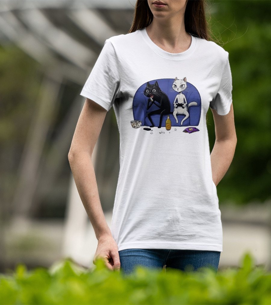 Two Cats One Couch Endless Fun Playing Games With Snacks And Popcorn T-Shirt