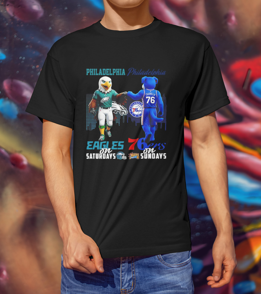 Philadelphia Eagles Vs 76ers Franklin Mascots Saturdays Sundays City Skyline T-Shirt