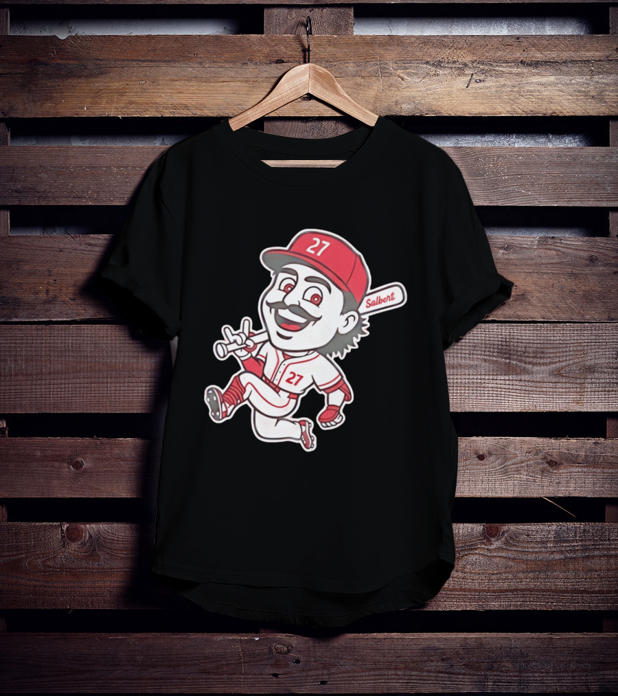 Cincinnati Reds Sal Stewart Number 27 Cartoon Player With Salbert Bat T-Shirt