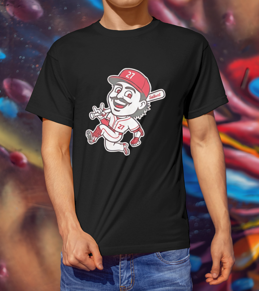 Cincinnati Reds Sal Stewart Number 27 Cartoon Player With Salbert Bat T-Shirt