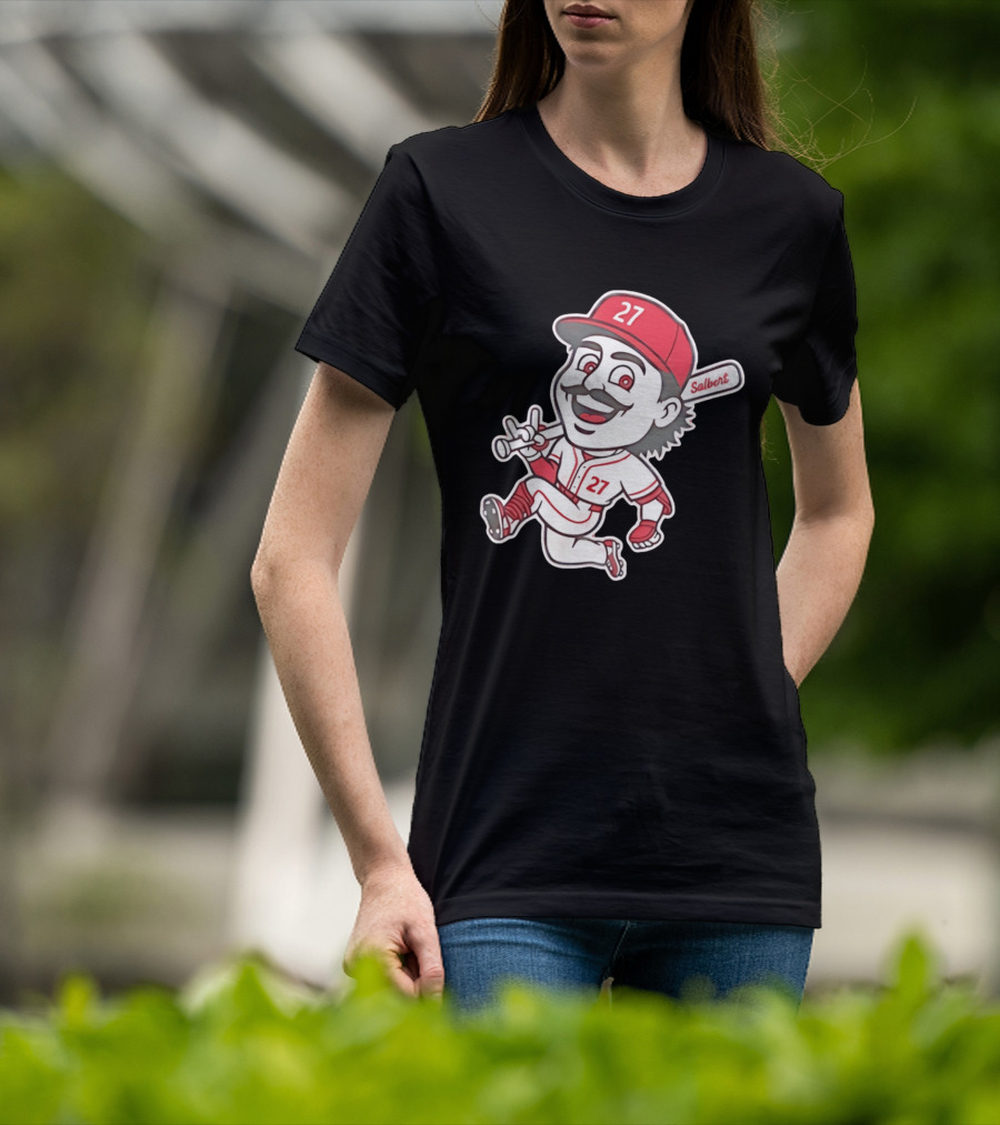 Cincinnati Reds Sal Stewart Number 27 Cartoon Player With Salbert Bat T-Shirt