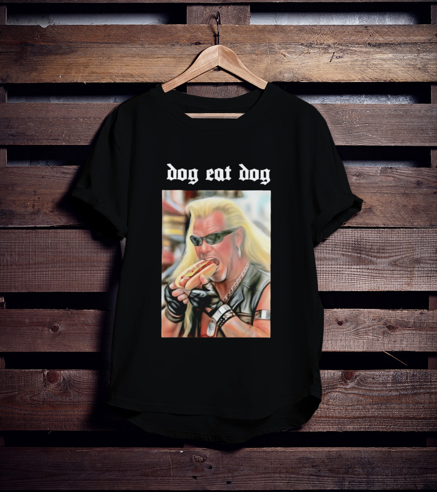 Dog Eat Dog Man Eating Hot Dog Sunglasses Blonde Long Hair T-Shirt