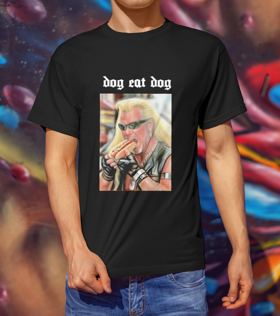 Dog Eat Dog Man Eating Hot Dog Sunglasses Blonde Long Hair T-Shirt