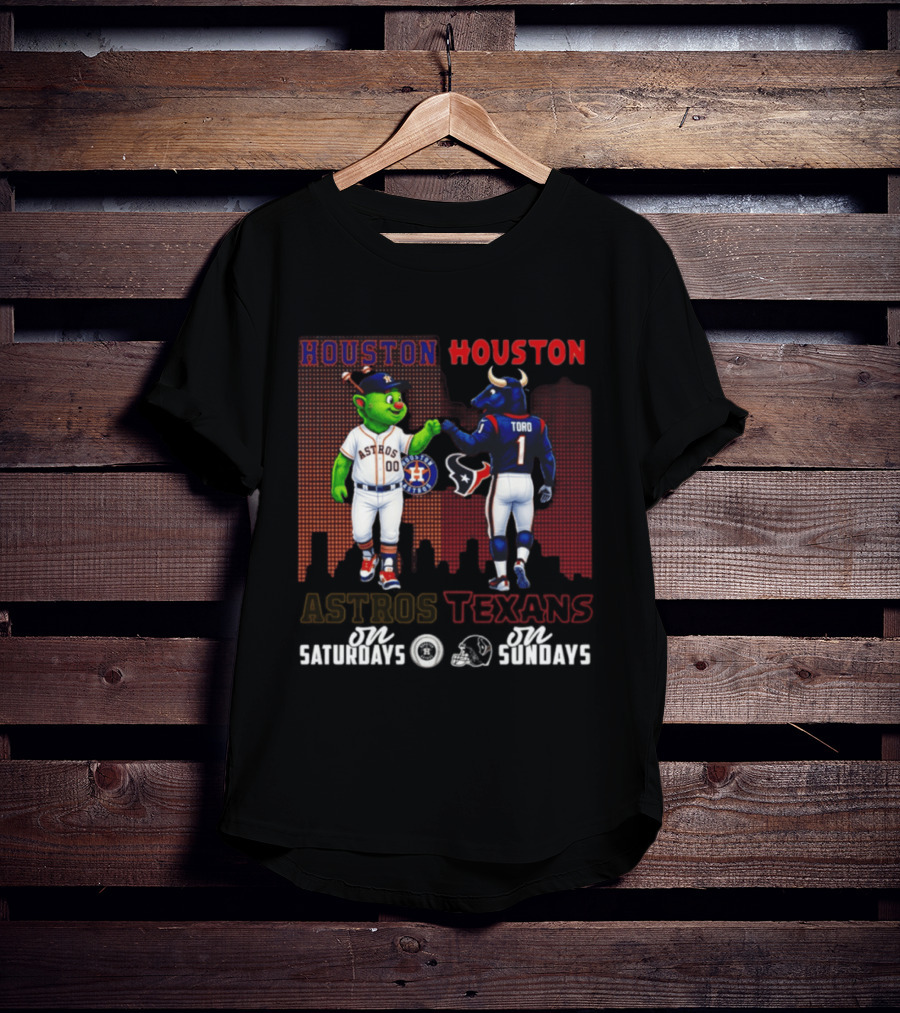 Houston Astros Orbit And Houston Texans Toro Skyline Saturdays Vs Sundays T-Shirt