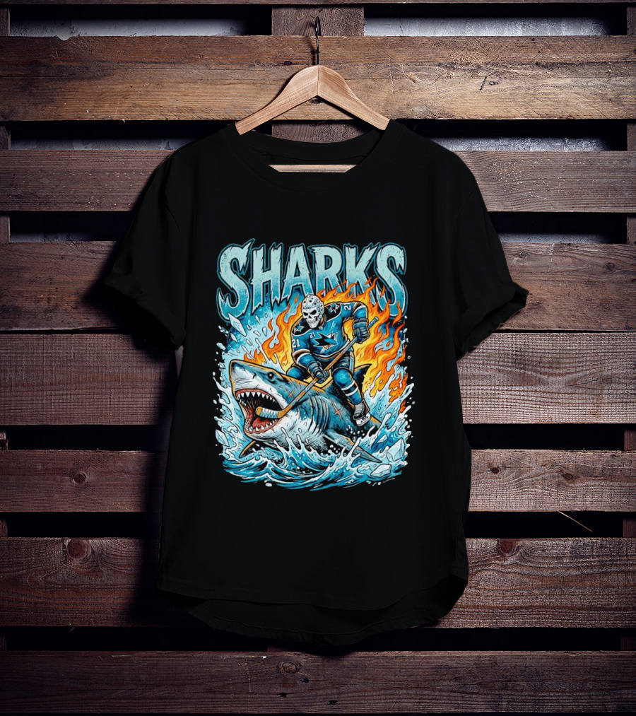 San Jose Sharks Hockey Player Riding Shark With Flames And Ice T-Shirt