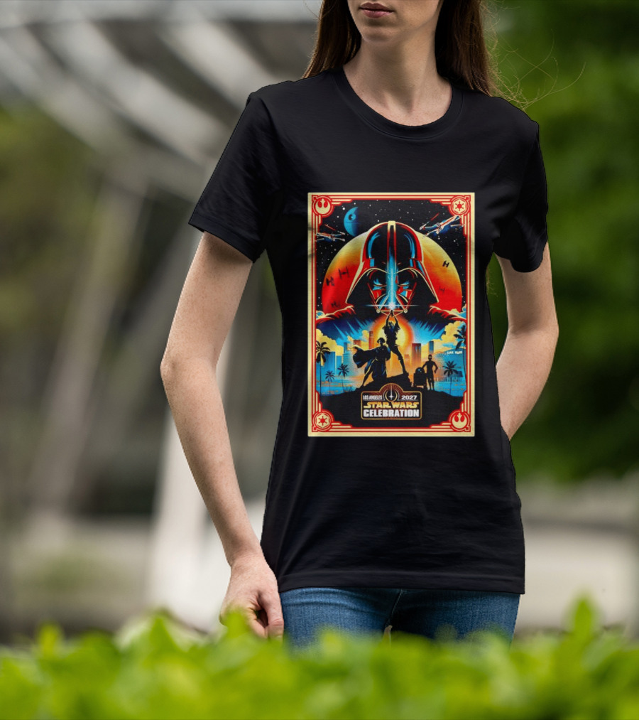 Star Wars Celebration Los Angeles 2027 50th Anniversary Darth Vader Millennium Falcon TIE Fighters X Wings T-Shirt