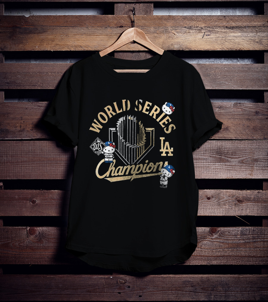Los Angeles Dodgers World Series Champions Yoshinobu Yamamoto X Hello Kitty Golden Trophy T-Shirt