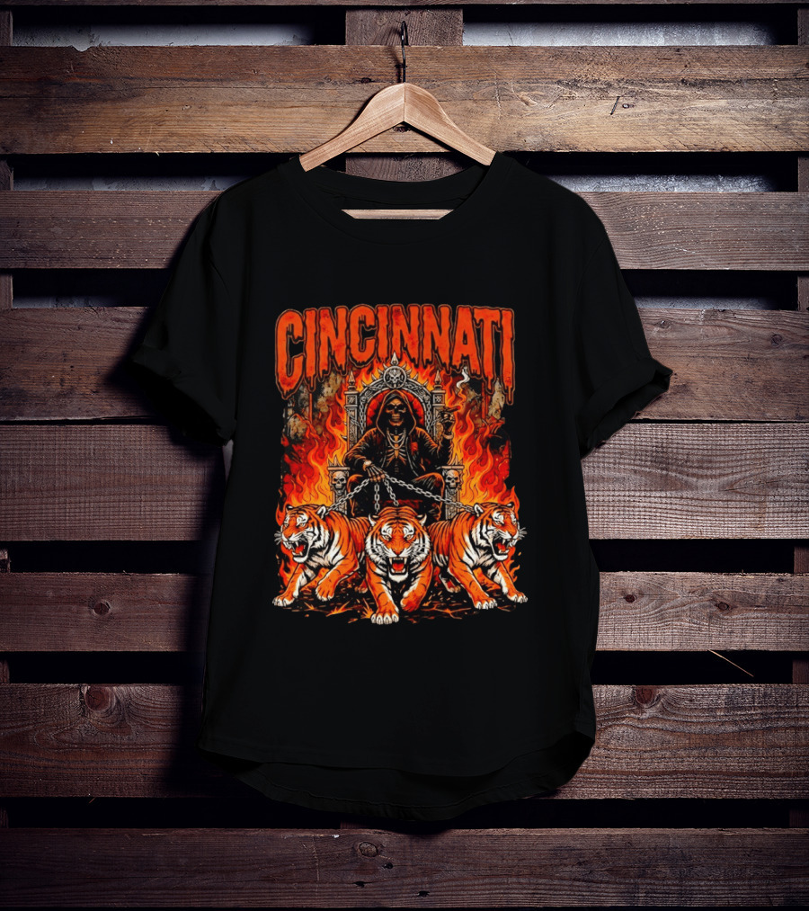 Cincinnati Skull Tiger Throne Fire Chains T-Shirt